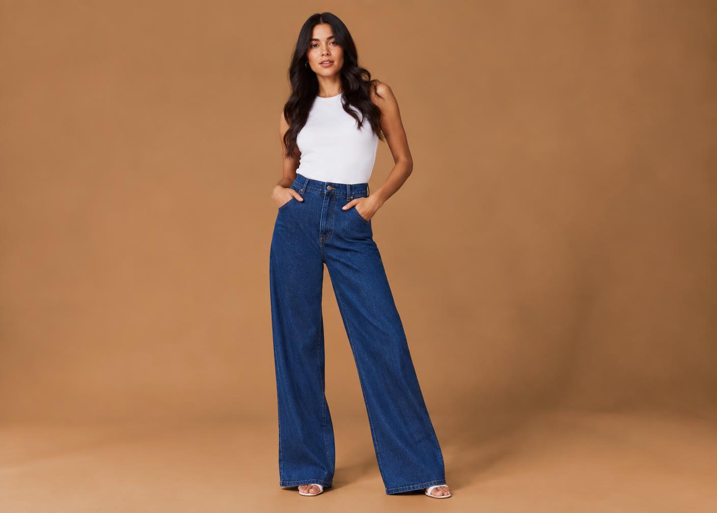 Modelo vestindo calça jeans wide leg Moni Bella